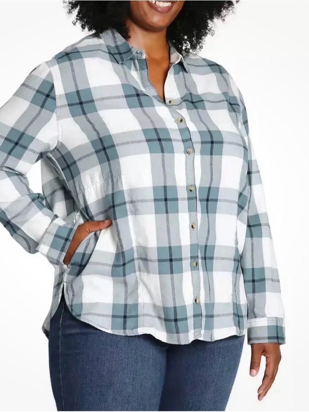 Womens White and Green Plaid Button-Down Shirt N0147